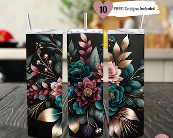 Envoltura para vaso sin costuras con diseño floral oscuro y melancólico, 20 vasos delgados, sublimación floral, PNG floral pastel, PNG recto, diseños de sublimación floral