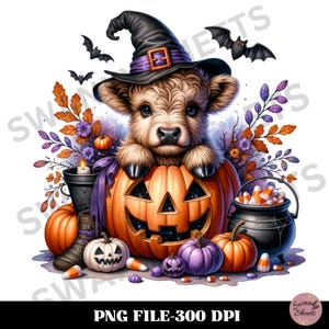 Halloween Highland Cow Pumpkin PNG, Sublimation Designs, Spooky Fall Design, Spooky Season PNG, Funny Cow png, Cow Halloween
