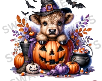 Halloween Highland Cow Pumpkin PNG, Wzory sublimacji, Upiorny jesienny projekt, Upiorny sezon PNG, Śmieszna krowa png, Krowa Halloween