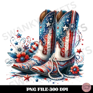 Op de afbeelding: Een paar patriottische cowboylaarzen in rood, wit en blauw. De laarzen zijn versierd met sterren, strepen en bloemmotieven, en zijn versierd met een parelketting. De afbeelding bevat ook decoratieve sterren en bloemen.