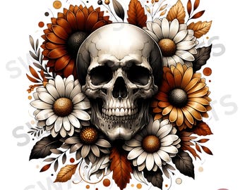 Floral Skull Sublimation PNG: Daisy Skeleton Clipart (Digital Download)