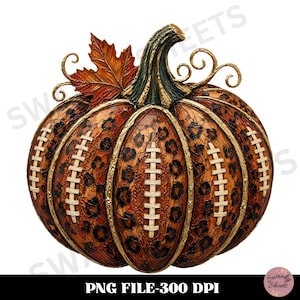 May include: A decorative pumpkin featuring a textured orange and brown leopard print pattern, accented with white football-style laces on each segment. The pumpkin is topped with a dark green stem, gold-toned ridges, and a single orange maple leaf.