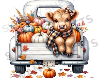 Entzückende Baby Highland Kuh PNG, Vintage Bauernhof LKW-Design, Pastell Kürbisse PNG, Herbsternte Aquarell Clipart, Herbst Blumen Clipart