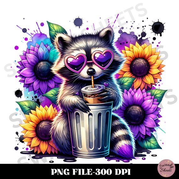 Cute Raccoon Sunflowers PNG, Funny Raccoon PNG, Raccoon Sublimation Design, Purple Sunflowers PNG, Cute But Feral
