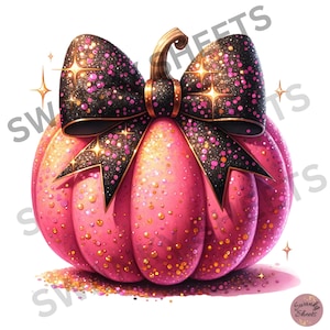 May include: A pink pumpkin with a black glitter bow. The pumpkin is covered in gold glitter and the bow has gold glitter accents.