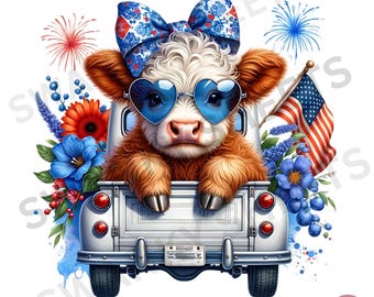 July 4th Highland Cow PNG: Patriotic Coquette Design (Digital Download)