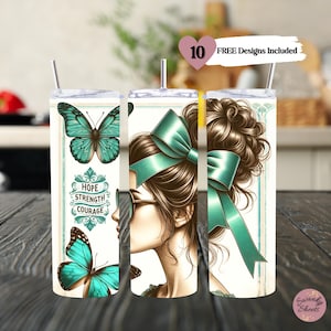 Messy Bun Mom Ovarian Cancer Survivor Seamless Tumbler Wrap, Teal Awareness, 20 oz Skinny Tumbler Sublimation Design, Digital Download PNG