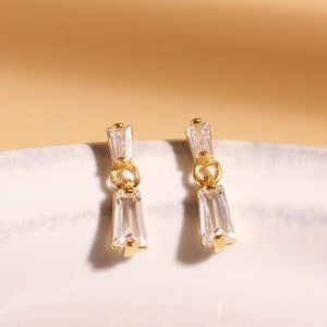 Baguette Earrings Dangle Earrings Diamond Earrings Stud Earrings Gold Earrings Silver Earrings Bridal Earrings Wedding Earrings Gift for Mom image 1