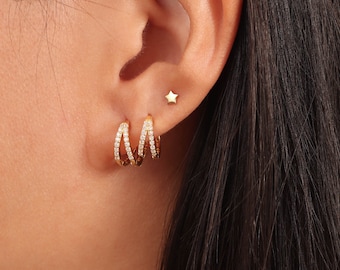 Double Hoop Earrings Diamond Earrings Huggie Earrings Small Hoop Earrings Gold Hoop Earrings Handmade Jewelry Bridal Gifts Mon Gift Women