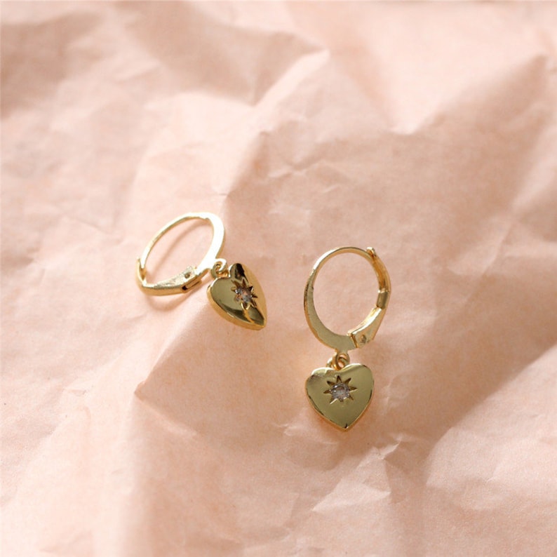 CZ Heart Earrings 14k Gold Filled Hoops Dangling Heart Etsy