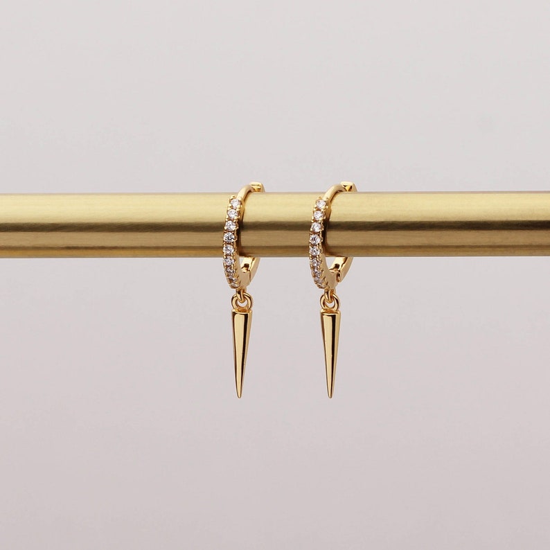 CZ Gold Charm Hoop Gold Spike Huggies Dangling Hoops CZ Spike Hoops Spike Hoop Earrings Dainty Hoops Spike CZ Hoops Spike Charm Hoops