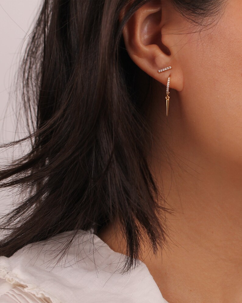 CZ Gold Charm Hoop Gold Spike Huggies Dangling Hoops CZ Spike Hoops Spike Hoop Earrings Dainty Hoops Spike CZ Hoops Spike Charm Hoops
