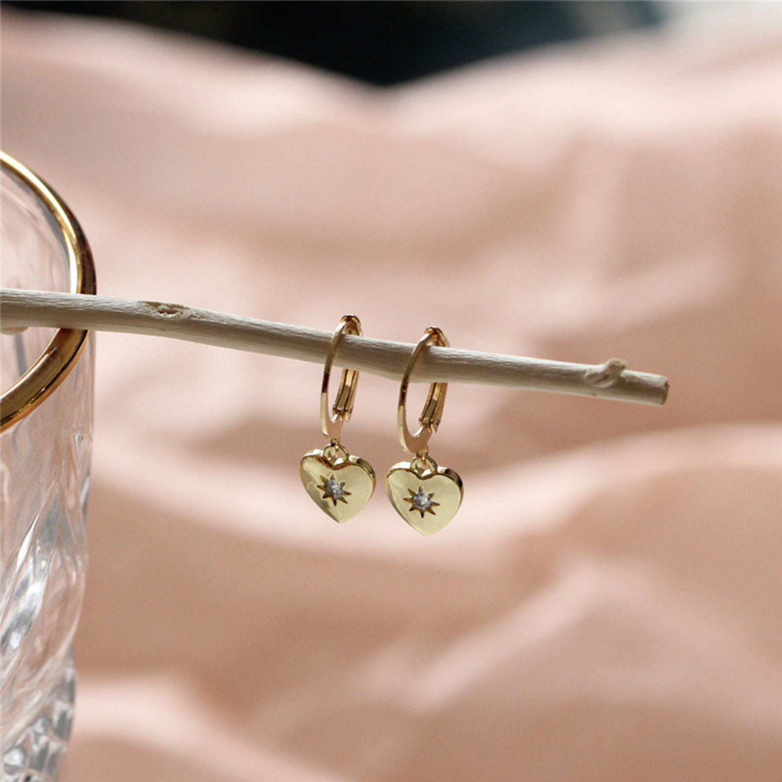CZ Heart Earrings 14k Gold Filled Hoops Dangling Heart Etsy