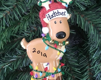 Deer Tangled in Lights Hand Personalized Christmas Ornament,Baby Deer Ornament,Toddler Ornament,Boy Ornament,Girl Ornament