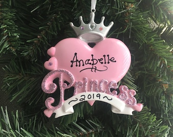 Personalized Princess Ornament,Pink Heart Princess Ornament,Princess Christmas Ornament,Princess Ornament,GIrl Ornament