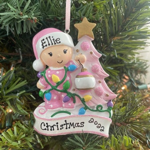 Girl Decorating Christmas Tree Ornament Hand Personalized,Toddler Christmas Ornament,Personalized Girl Christmas Ornament,Baby Girl Ornament