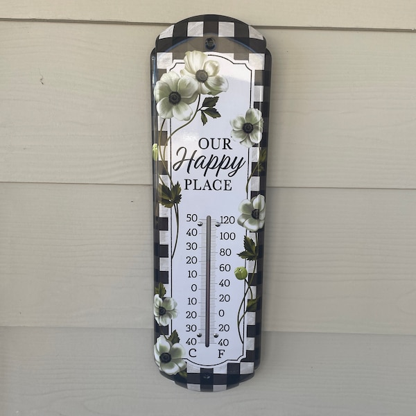 Our Happy Place Black Buffalo Plaid Outdoor Tin Weather Thermometer,Porch Decor,Weather Thermometer