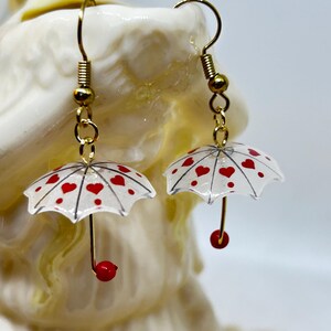 Dainty Umbrella Earrings, dangle, red and white, hearts, Valentine&#39;s day