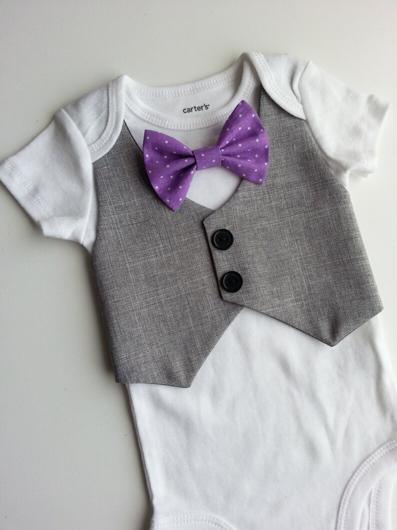 Baby Boy Bodysuit With A Grey Vest Attached And A Purple Bow Etsy