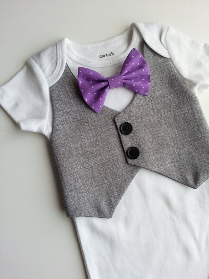Baby Boy Bodysuit With A Grey Vest Attached And A Purple Bow Etsy