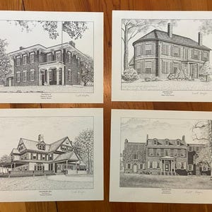 May include: Four black and white architectural prints of historic buildings. Each print features a detailed pen and ink drawing of a different house or building, with text at the bottom identifying the location and artist.