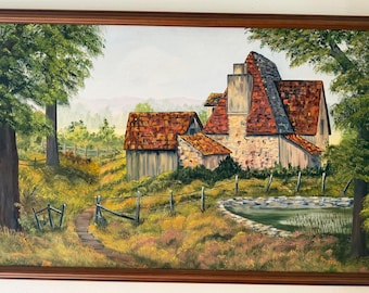 Vintage Impressionist Landscape Stone Cottage Oil Painting signed by R.Musselman