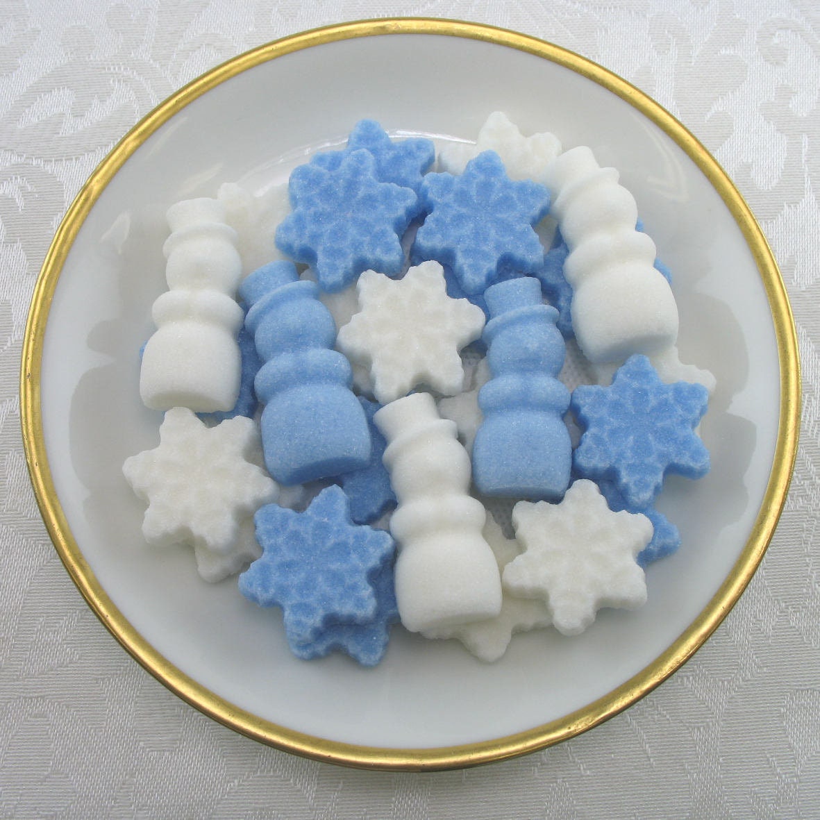 36 Lt Blue White Snowman And Mini Snowflake Shaped Sugar Cubes