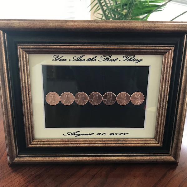 Copper Coin 7 Year Anniversary Gift - Framed straight line configuration