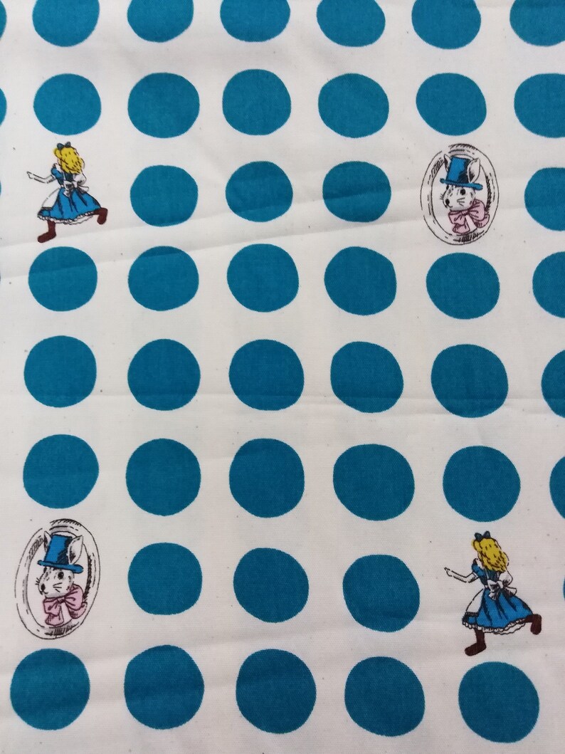 Alicewhite rabbit and teal polka dots on white Alice in Wonderland Japanese cotton oxford fabric half yard for handicraft projects