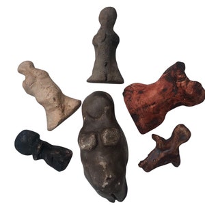 May include: A collection of six small, hand-crafted clay figurines. The figurines are in various poses and are painted in shades of brown, gray, and red.