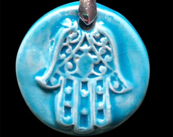 Hamsa Ceramic Necklace: Hand Stamped Sacred Symbol