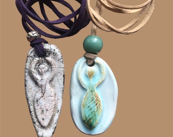 Specially priced pair! One of a kind Goddess double sided necklaces in matte green and off white and a raku Goddess necklace .Free shipping