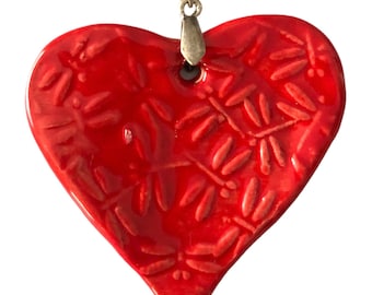 Dragonfly Texture Heart Necklace: Faux Suede Cord, Adjustable