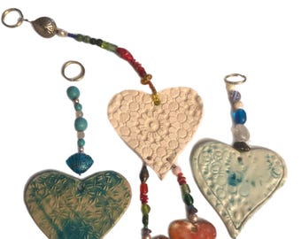 Ceramic Heart Wall Hangs some hung with Italian Glass, Coral & Semiprecious Stones