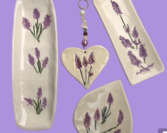 Lavender flower hand painted, food safe large and small  rectangular and leaf shaped trays