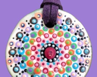 Hand Painted Mandala Necklace: Stoneware Pendant, Adjustable Faux Suede Cord