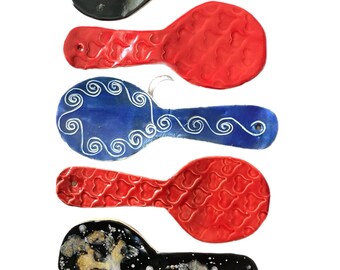 Spoon Rest in sturdy stoneware with sgraffito, textured or crystal glaze design