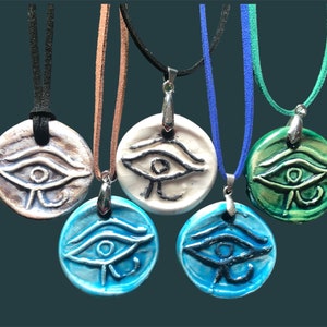 Hand Stamped Ceramic Eye of Horus Necklace: Egyptian Protection Symbol