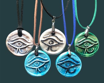 Hand Stamped Ceramic Eye of Horus Necklace: Egyptian Protection Symbol