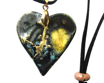 Resilience Heart Necklace, black crystal ceramic, Kintsugi, adjustable,  free shipping