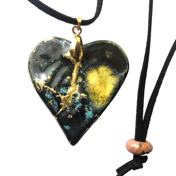 Collier Resilience Heart, céramique cristal noire, Kintsugi, réglable, livraison gratuite