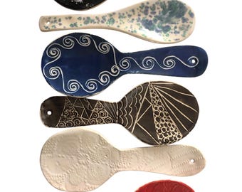 Spoon Rest in sturdy stoneware with sgraffito, textured or crystal glaze design