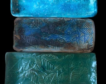 Textured food safe rectangular, multipurpose trays in rustic stoneware or shiny earthenware