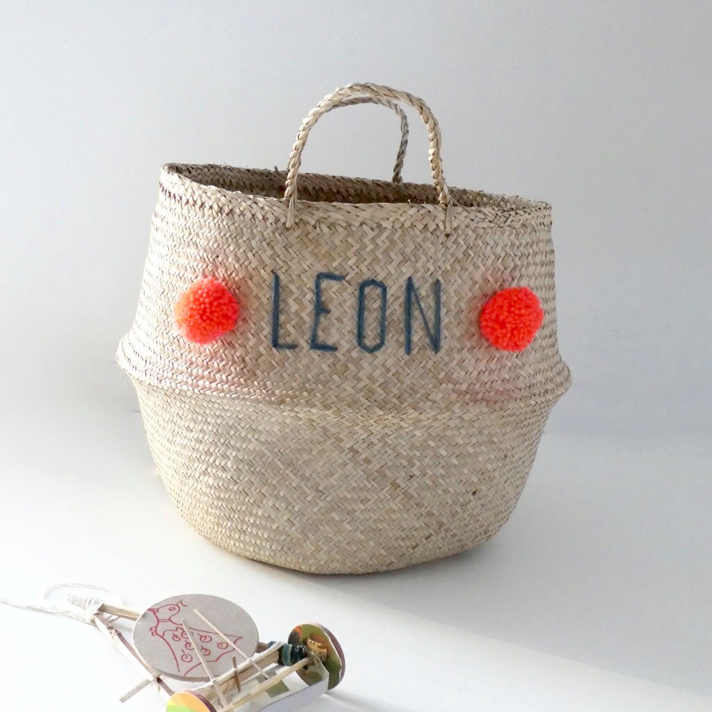 Panier thaïlandais 35 ou 45cm à Pompons et prénom personnalisé Etsy