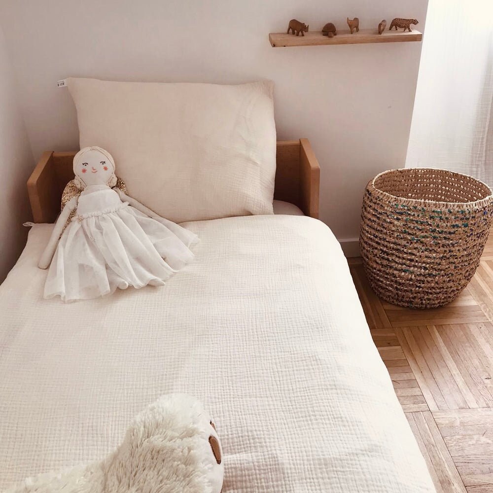 Parure de Lit Bébé Blanc Crème Double Gaze et Personnalisable