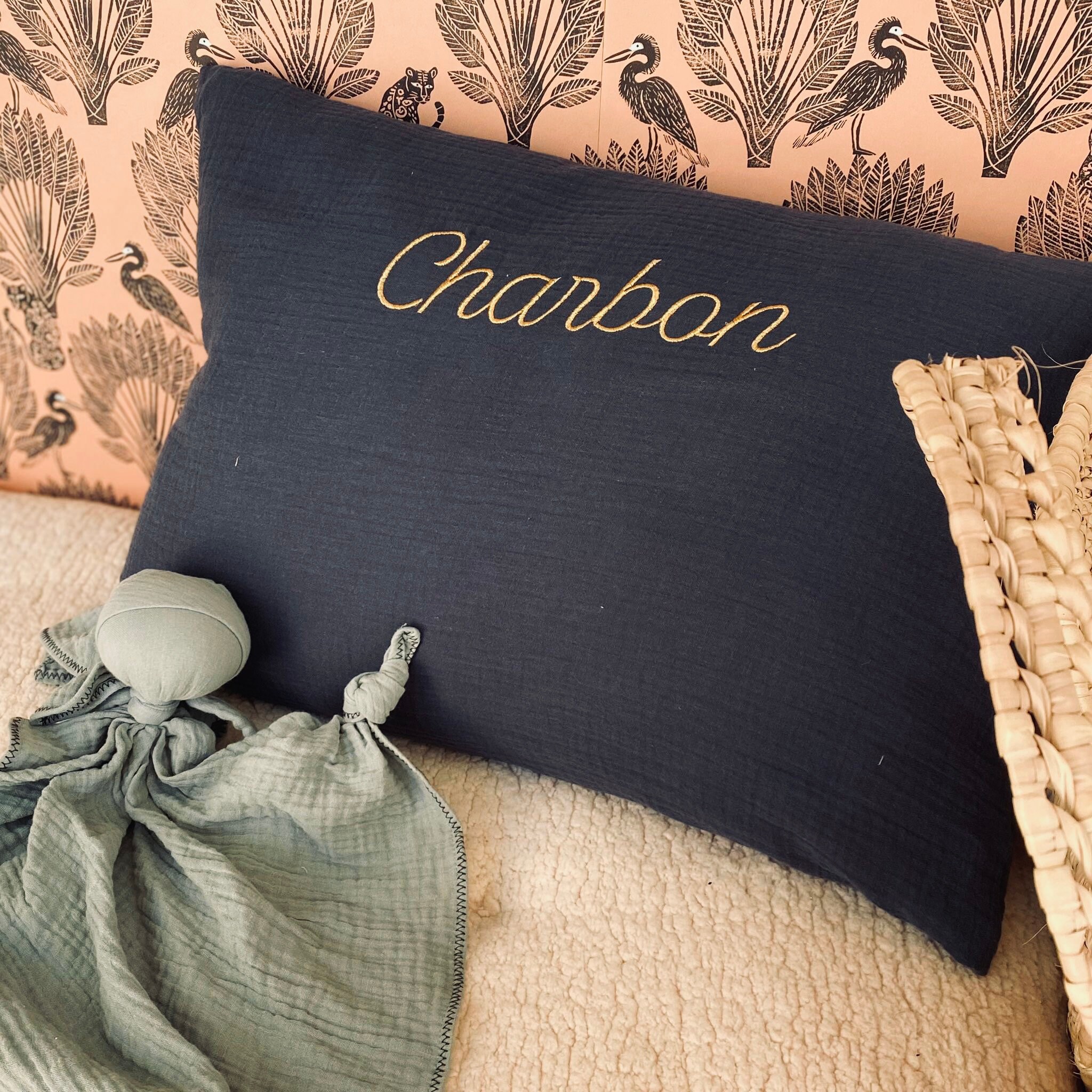 Taie d'oreiller Personnalisée 60x40cm en Double Gaze Gris Ardoise Oeko Tex