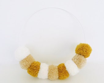 Crown of bright pom poms, wall decor, Ecru, mustard yellow, Beige Twine