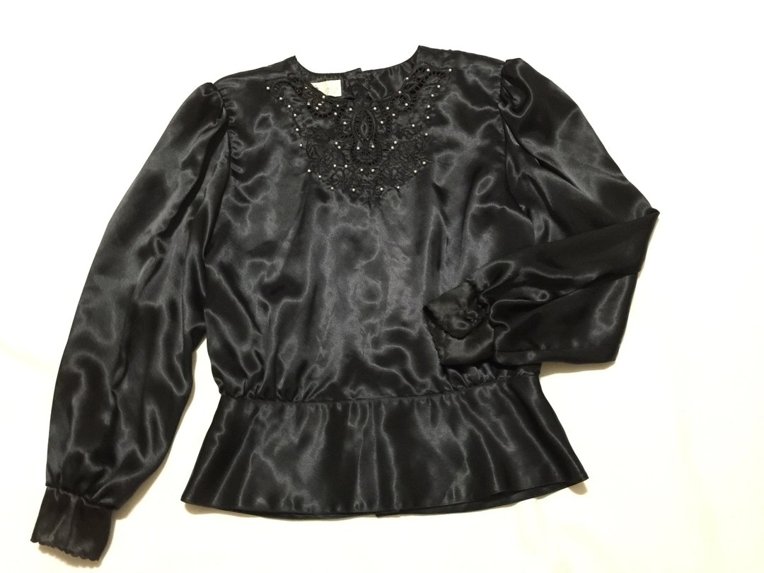 Vintage Satin Blouse Holiday Top Beaded Long Sleeve Blouse - Etsy