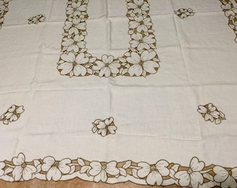 Vintage Madeira Linen tablecloth beige cut out work scallop edge 58x74"