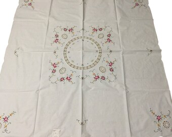 Vintage embroidered lace white tablecloth square handmade 51x51" New